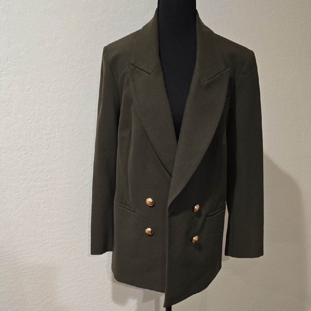 Express Women Green Double-Breasted Blazer
